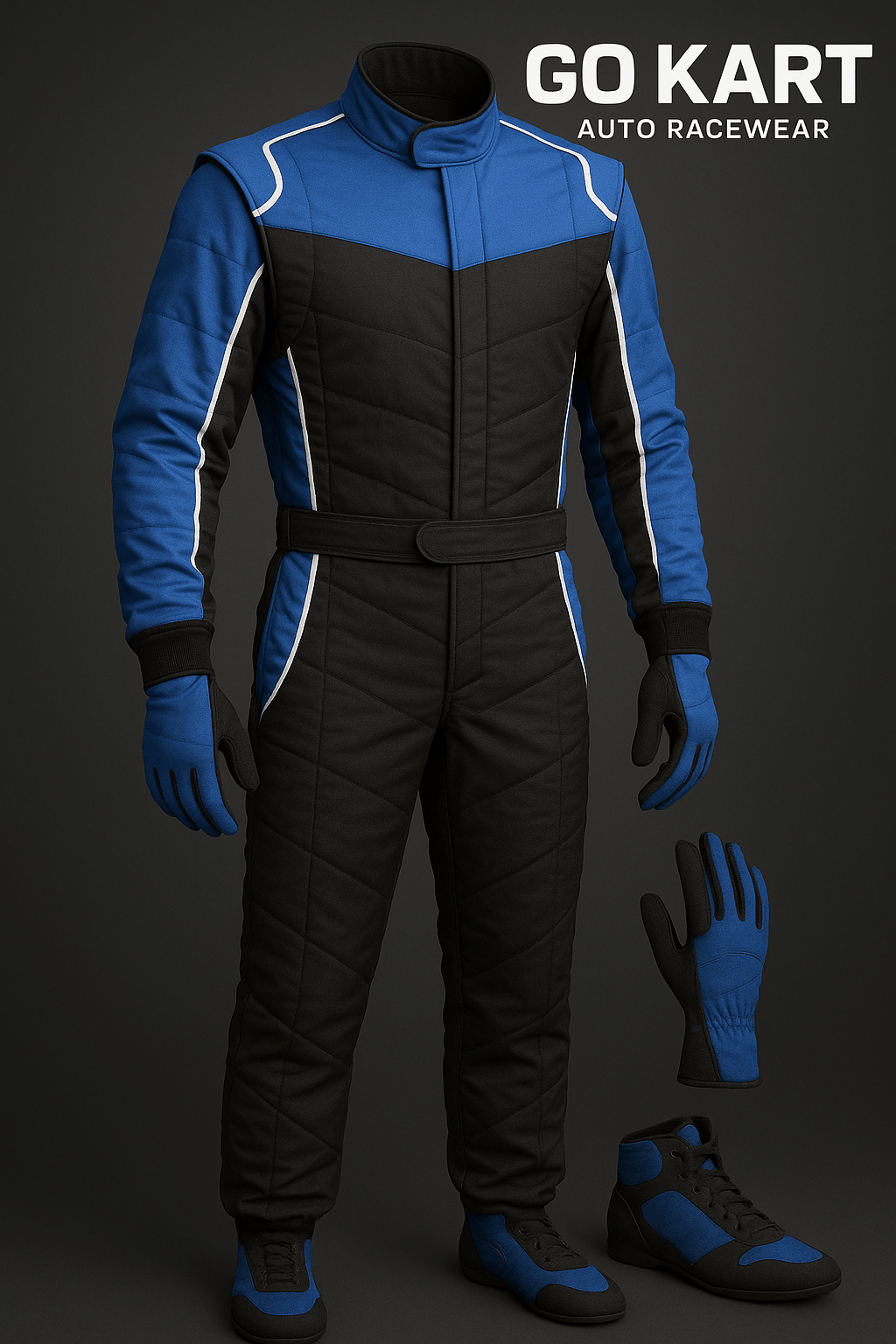Cuircon go-kart racing suit with gloves and shoes, blue and black