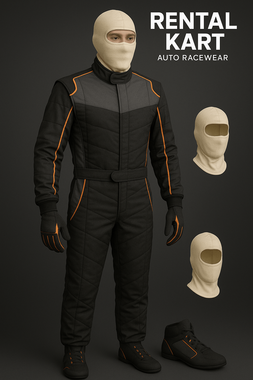 Cuircon rental kart fleet suit with balaclavas and shoes