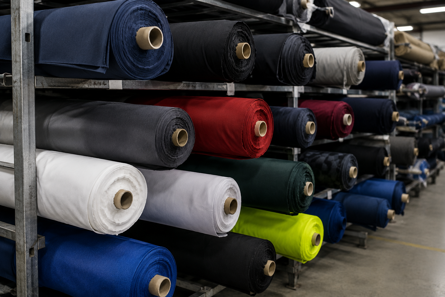 Rolls of Cordura and Nomex fabric stocked at the Cuircon factory