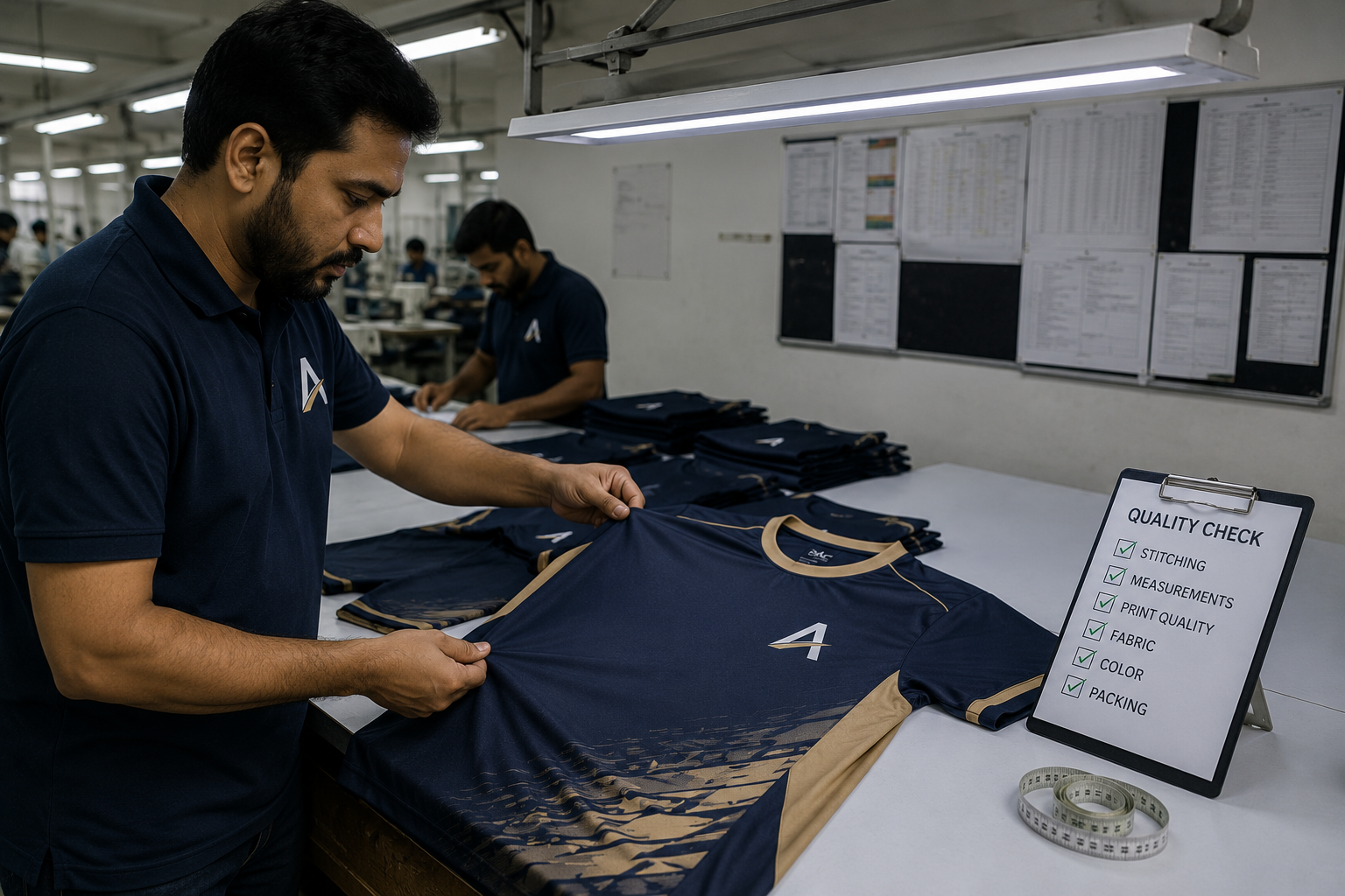 Quality control inspection of finished racewear before shipment