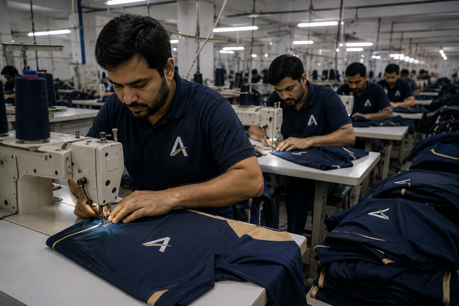 Cuircon factory sewing line in Pakistan, technicians stitching racewear